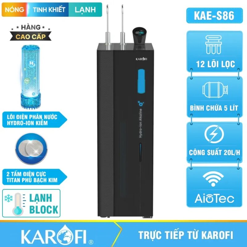 Máy lọc nước nóng lạnh Hydro-ion kiềm Karofi KAE-S86 - 12 Lõi
